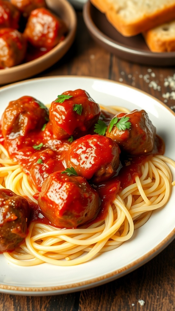 Beef meatballs in marinara sauce served over spaghetti, garnished with parsley and Parmesan cheese.